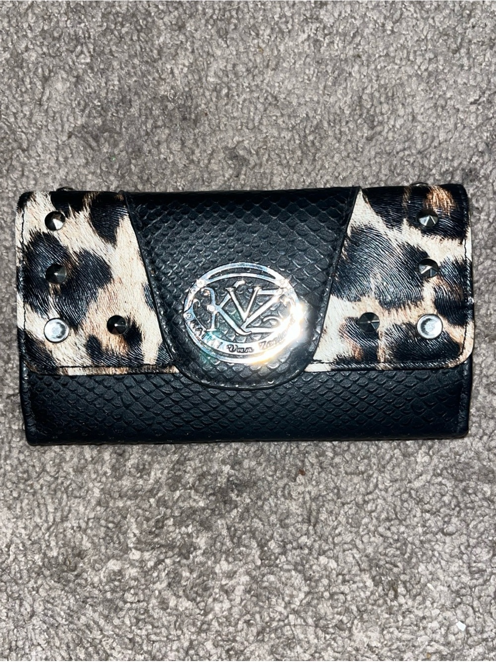 XOXO Black with Leopard Accent Studded Clutch Wallet